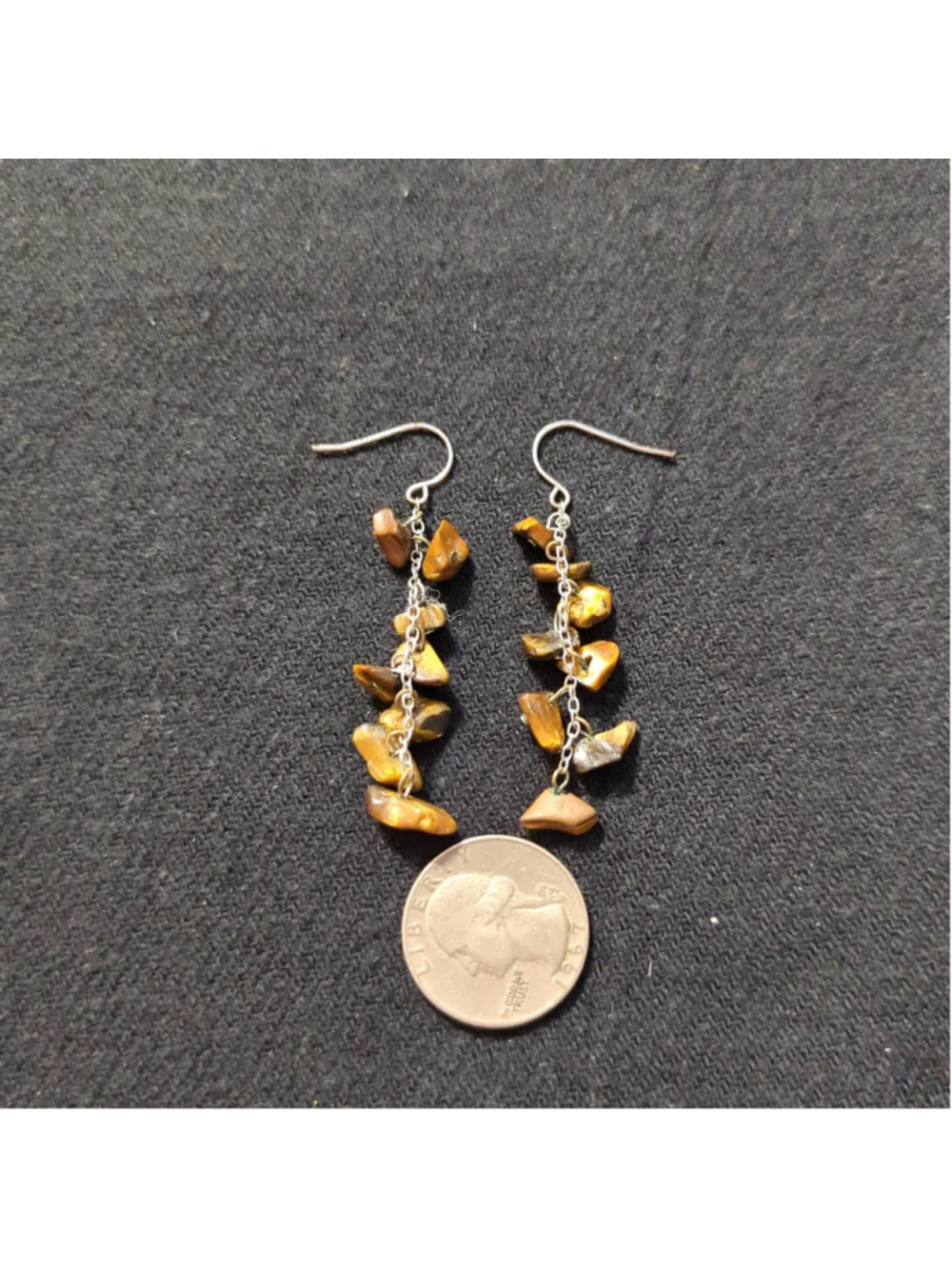 Silver Tone Brown Tiger Eye Gemstone Chip Dangle Statement Earrings